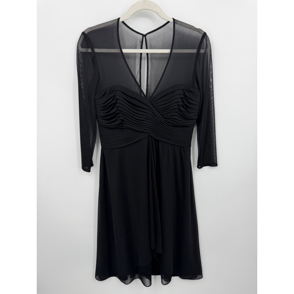 Alex Evenings Mesh Illusion Cocktail Dress Women 6 Black Pleated Sheer Sleeve